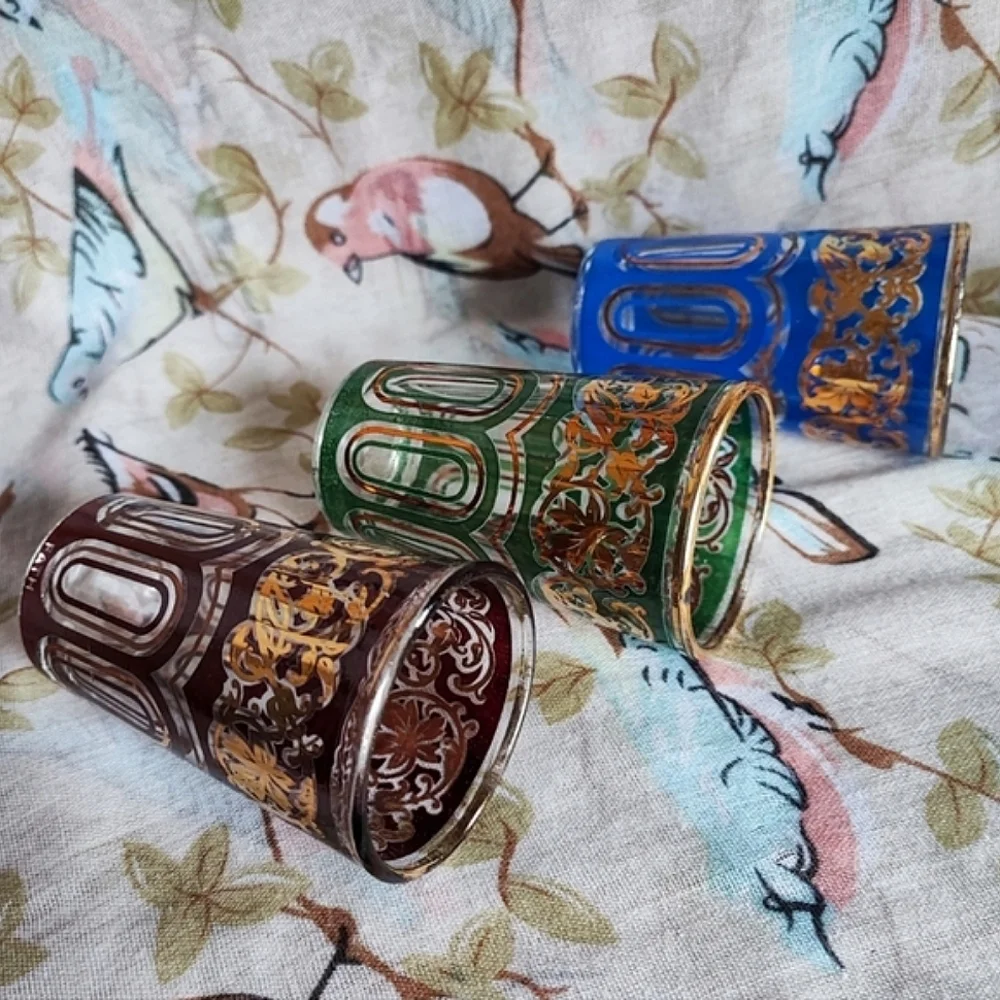 FATH Decor Set of 11 Bohemian Moroccan Venetian Gold Gilt Shot Glasses Glass